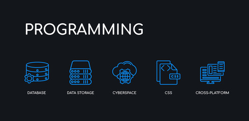 5 outline stroke blue cross-platform, css, cyberspace, data storage, database icons from programming collection on black background. line editable linear thin icons.