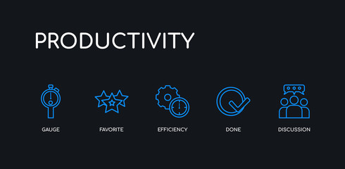 Fototapeta premium 5 outline stroke blue discussion, done, efficiency, favorite, gauge icons from productivity collection on black background. line editable linear thin icons.