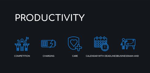 5 outline stroke blue businessman and tactics, calendar with deadlines, care, charging, competition icons from productivity collection on black background. line editable linear thin icons.