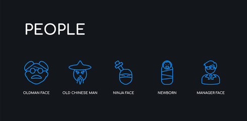5 outline stroke blue manager face, newborn, ninja face, old chinese man, oldman face icons from people collection on black background. line editable linear thin icons.