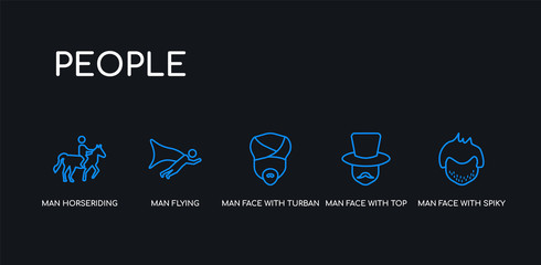 5 outline stroke blue man face with spiky hair, man face with top hat, man face with turban and beard, flying, horseriding icons from people collection on black background. line editable linear thin