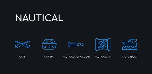 5 outline stroke blue motorboat, nautical map, nautical monocular, navy hat, oars icons from nautical collection on black background. line editable linear thin icons.