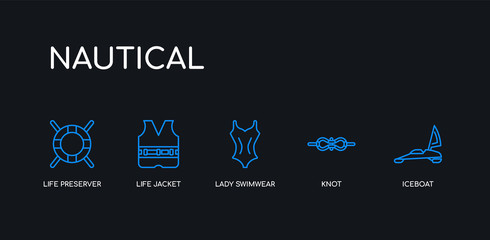5 outline stroke blue iceboat, knot, lady swimwear, life jacket, life preserver icons from nautical collection on black background. line editable linear thin icons.