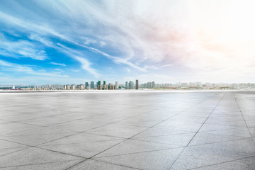 Panoramic city skyline and buildings with empty square floor in Shanghai,high angle view