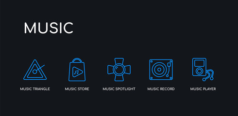 5 outline stroke blue music player, music record, music spotlight, store, triangle icons from collection on black background. line editable linear thin icons.