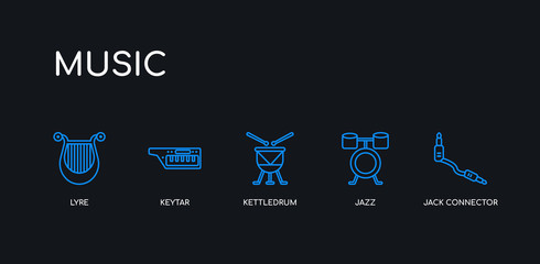 5 outline stroke blue jack connector, jazz, kettledrum, keytar, lyre icons from music collection on black background. line editable linear thin icons.