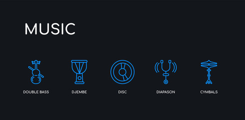 5 outline stroke blue cymbals, diapason, disc, djembe, double bass icons from music collection on black background. line editable linear thin icons.