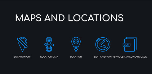 5 outline stroke blue keyhole?markup language, left chevron, location, location data, location off icons from maps and locations collection on black background. line editable linear thin icons.