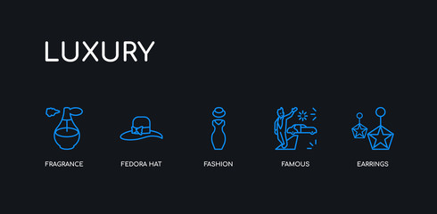 5 outline stroke blue earrings, famous, fashion, fedora hat, fragrance icons from luxury collection on black background. line editable linear thin icons.