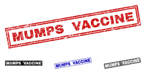 Grunge MUMPS VACCINE rectangle stamp seals isolated on a white background. Rectangular seals with distress texture in red, blue, black and grey colors.