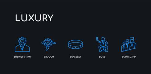 5 outline stroke blue bodyguard, boss, bracelet, brooch, business man icons from luxury collection on black background. line editable linear thin icons.