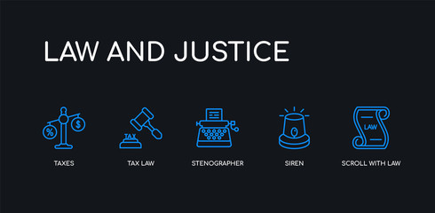 5 outline stroke blue scroll with law, siren, stenographer, tax law, taxes icons from law and justice collection on black background. line editable linear thin icons.