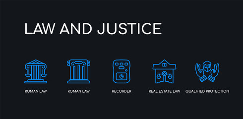 Fototapeta premium 5 outline stroke blue qualified protection, real estate law, recorder, roman law, roman law icons from and justice collection on black background. line editable linear thin icons.