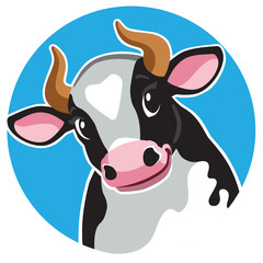cartoon head of black spotted cow in circle shape .Cartoon icon, logo , emblem , sticker on blue background. Vector illustration