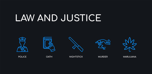 5 outline stroke blue marijuana, murder, nightstick, oath, police icons from law and justice collection on black background. line editable linear thin icons.