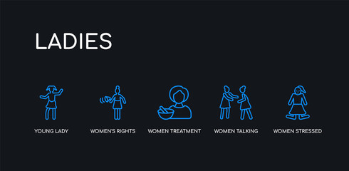 Naklejka premium 5 outline stroke blue women stressed, women talking, women treatment, women's rights, young lady icons from ladies collection on black background. line editable linear thin icons.