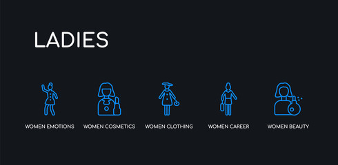 5 outline stroke blue women beauty, women career, women clothing, cosmetics, emotions icons from ladies collection on black background. line editable linear thin icons.
