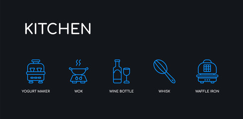 5 outline stroke blue waffle iron, whisk, wine bottle, wok, yogurt maker icons from kitchen collection on black background. line editable linear thin icons.