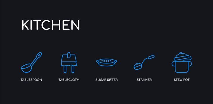 5 outline stroke blue stew pot, strainer, sugar sifter, tablecloth, tablespoon icons from kitchen collection on black background. line editable linear thin icons.