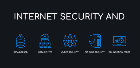 5 outline stroke blue connection error, cit card security, cyber security, data center, data locked icons from internet security and collection on black background. line editable linear thin icons.