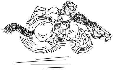 cartoon horse racing derby . Little boy  jockey riding a pony very fast in a race . Funny equestrian sport . Black and white vector illustration. Coloring page