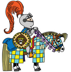 cartoon medieval knight horseman in armor .  Horse rider boy sitting on his pony horseback . Side view isolated vector illustration for little kids