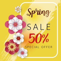 Spring banner sale. With leaf and colorful flowers design. Paper cut art style on yellow background.For a festive season Vector illustration.