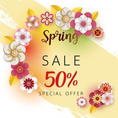 Spring banner sale. With leaf and colorful flowers design. Paper cut art style on cream background.For a festive season Vector illustration.