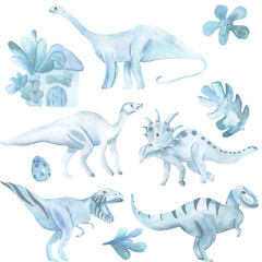 Watercolor set of big, dinosaurs and tropical plants, cute animals characters isolated on white background