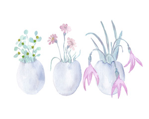 Sparkling illustration on the theme of Easter, spring holiday, flowers and egg, isolated on a white background