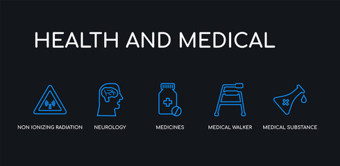 5 outline stroke blue medical substance, medical walker, medicines, neurology, non ionizing radiation icons from health and medical collection on black background. line editable linear thin icons.