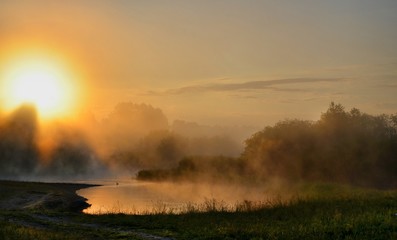 Fototapeta na wymiar Southern Urals, Russia. Early morning on the Miass river.