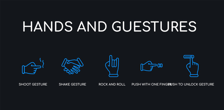 5 outline stroke blue push to unlock gesture, push with one finger to slide, rock and roll, shake gesture, shoot gesture icons from hands and guestures collection on black background. line editable