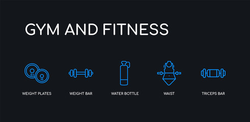 5 outline stroke blue triceps bar, waist, water bottle, weight bar, weight plates icons from gym and fitness collection on black background. line editable linear thin icons.