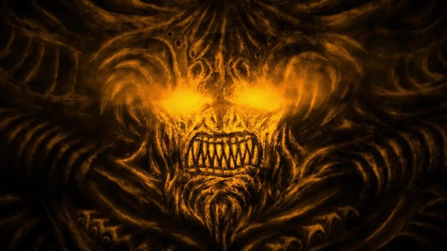 Terrible demon with horns and burning eyes crawls out from hell. Animation in the genre of fantasy. Orange background color.