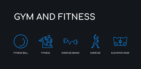 5 outline stroke blue elevation mask, exercise, exercise bands, fitness, fitness ball icons from gym and fitness collection on black background. line editable linear thin icons.
