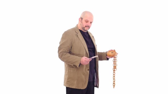 money & running time on balanced hands of middle age man- time is money concept - white screen