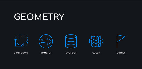 5 outline stroke blue corner, cubes, cylinder, diameter, dimensions icons from geometry collection on black background. line editable linear thin icons.
