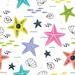 Materiał do szycia Starfish tropical underwater world seamless pattern. Starfish modern scandinavian cartoon style design. Underwater world bright catchy background.1