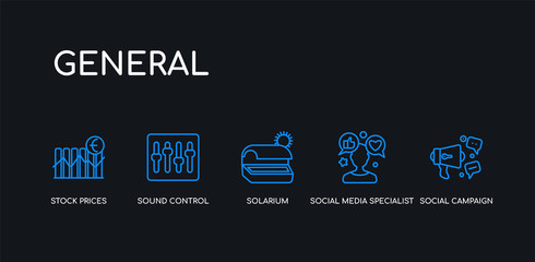 5 outline stroke blue social campaign, social media specialist, solarium, sound control, stock prices icons from general collection on black background. line editable linear thin icons.