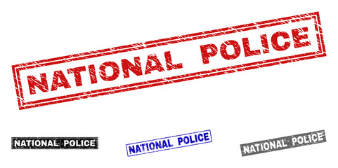 Grunge NATIONAL POLICE rectangle watermarks isolated on a white background. Rectangular seals with grunge texture in red, blue, black and grey colors.