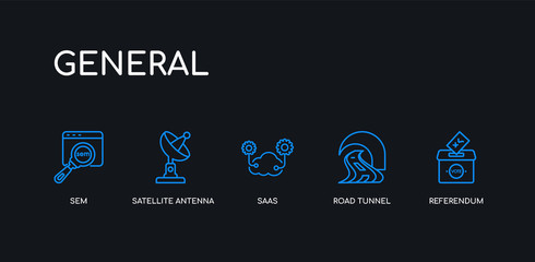 5 outline stroke blue referendum, road tunnel, saas, satellite antenna, sem icons from general collection on black background. line editable linear thin icons.