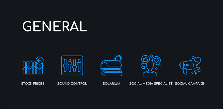 5 outline stroke blue social campaign, social media specialist, solarium, sound control, stock prices icons from general collection on black background. line editable linear thin icons.