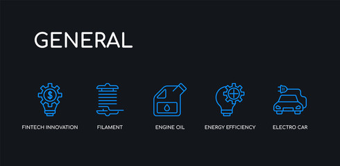 5 outline stroke blue electro car, energy efficiency, engine oil, filament, fintech innovation icons from general collection on black background. line editable linear thin icons.