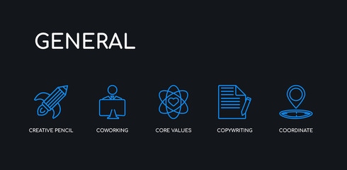 5 outline stroke blue coordinate, copywriting, core values, coworking, creative pencil rocket icons from general collection on black background. line editable linear thin icons.