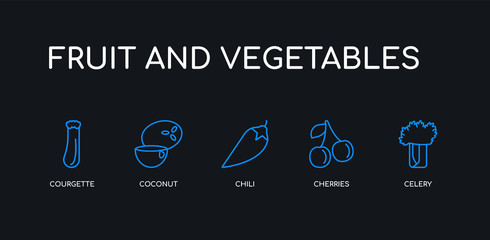 5 outline stroke blue celery, cherries, chili, coconut, courgette icons from fruit and vegetables collection on black background. line editable linear thin icons.