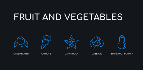 5 outline stroke blue butternut squash, cabbage, carambola, carrots, cauliflower icons from fruit and vegetables collection on black background. line editable linear thin icons. - obrazy, fototapety, plakaty