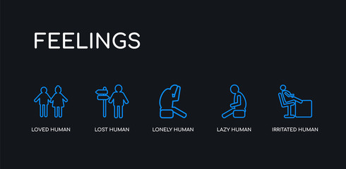 5 outline stroke blue irritated human, lazy human, lonely human, lost loved icons from feelings collection on black background. line editable linear thin icons.