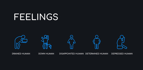 5 outline stroke blue depressed human, determined human, disappointed human, down drained icons from feelings collection on black background. line editable linear thin icons.