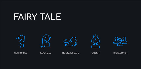 5 outline stroke blue protagonist, queen, quetzalcoatl, rapunzel, seahorses icons from fairy tale collection on black background. line editable linear thin icons.